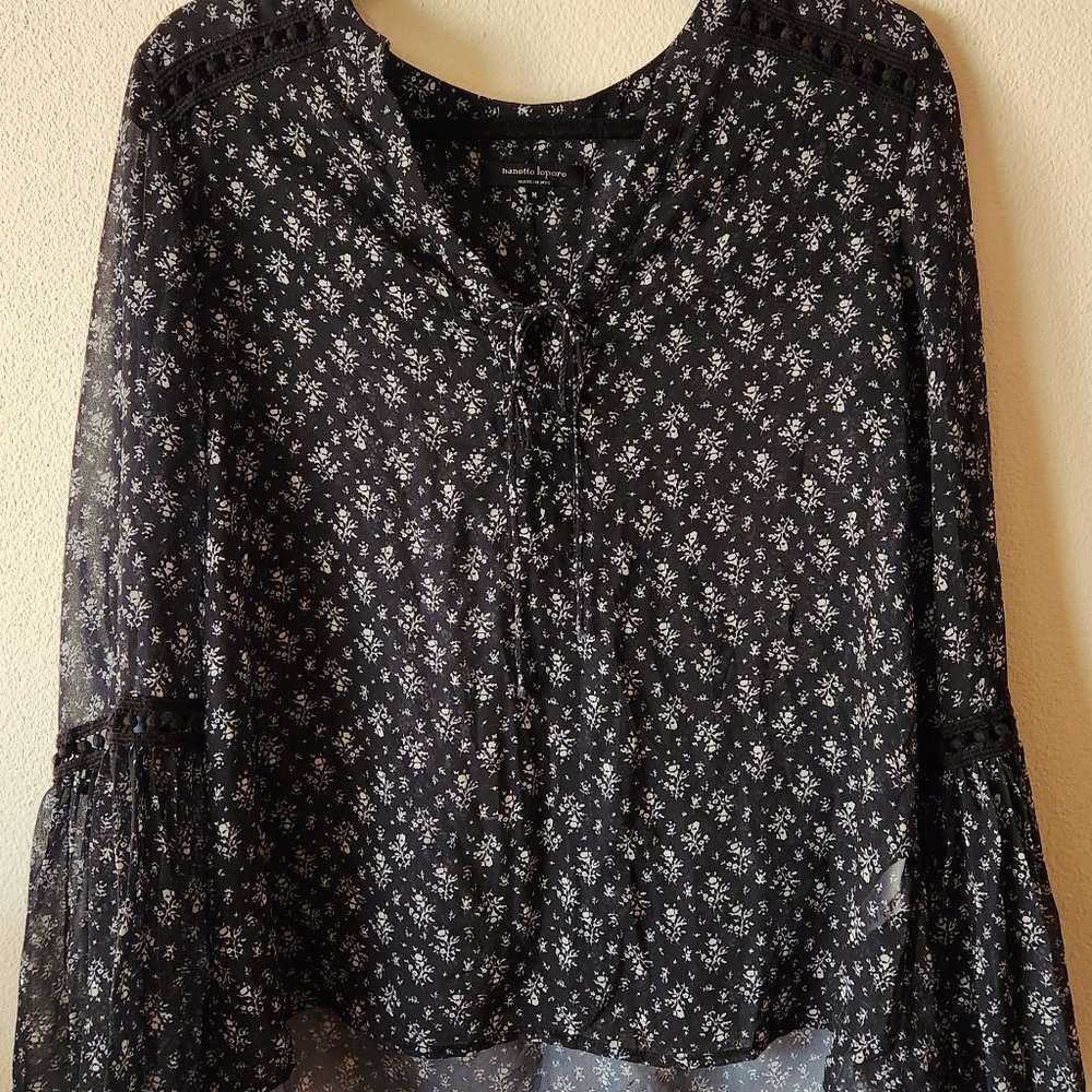 Nanette Lepore Bell Sleeve Floral Tie Neck Blouse